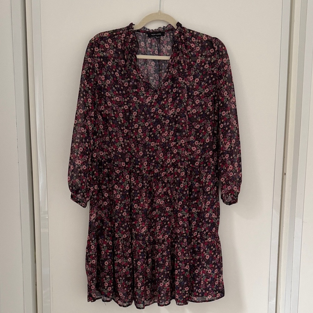 New Look Floral Long Sleeve Dress - Black and Pink